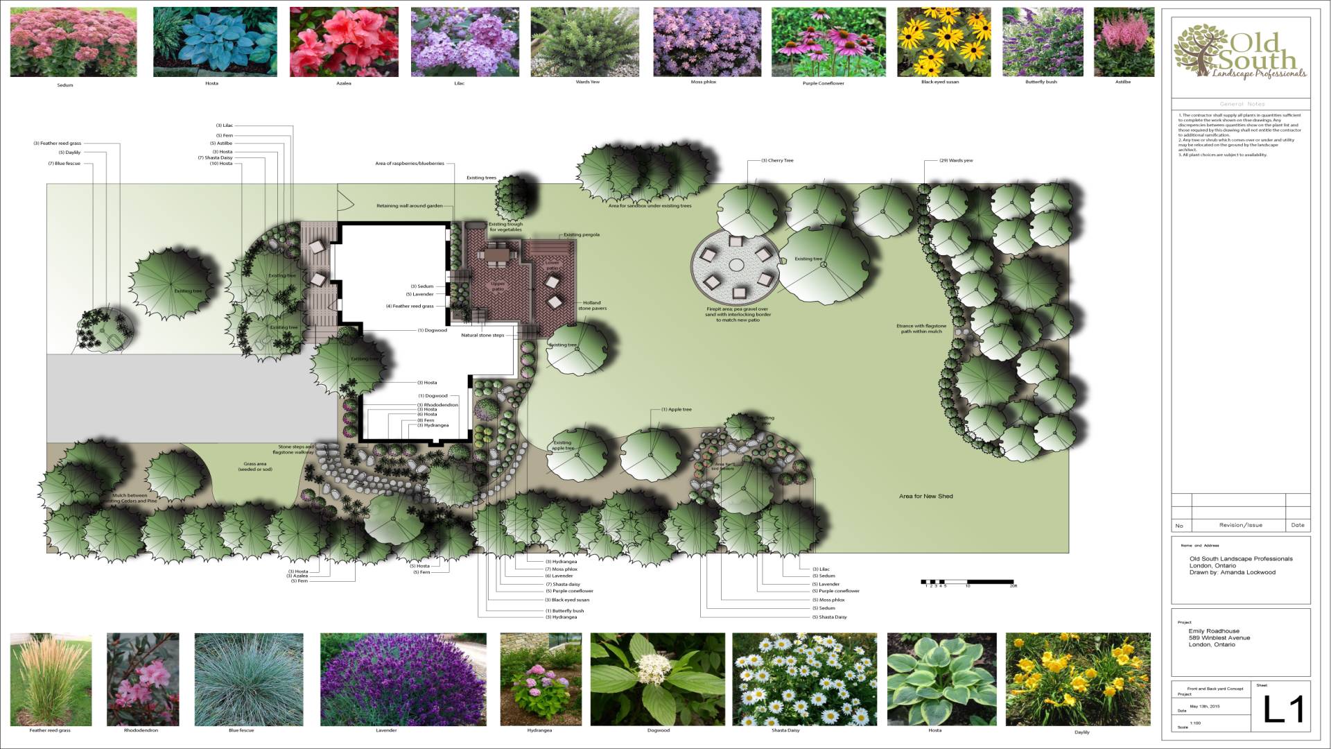 Sample landscape design. Detailed full-color drawing of the landscape design featuring meticulously labelled items with photos of plants in the plant legend bars above and below the full color drawing.